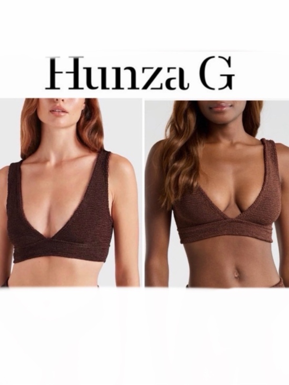 Hunza G Angel Crinkle Bikini Chocolate Brown Swim TOP OS NWT